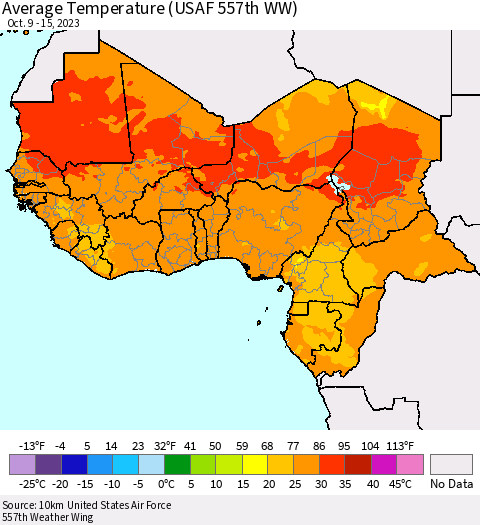 Western Africa Average Temperature (USAF 557th WW) Thematic Map For 10/9/2023 - 10/15/2023