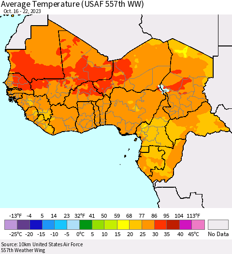 Western Africa Average Temperature (USAF 557th WW) Thematic Map For 10/16/2023 - 10/22/2023