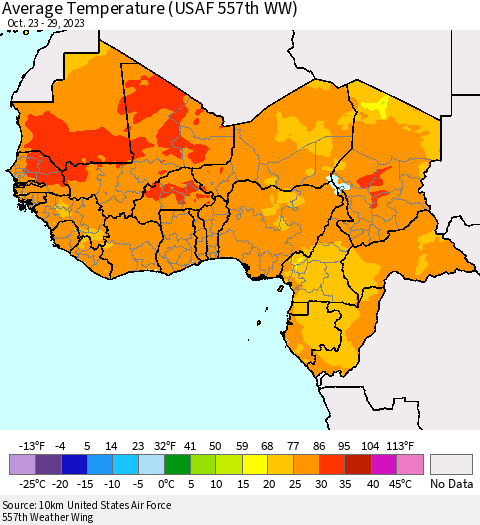 Western Africa Average Temperature (USAF 557th WW) Thematic Map For 10/23/2023 - 10/29/2023