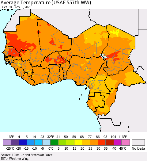 Western Africa Average Temperature (USAF 557th WW) Thematic Map For 10/30/2023 - 11/5/2023