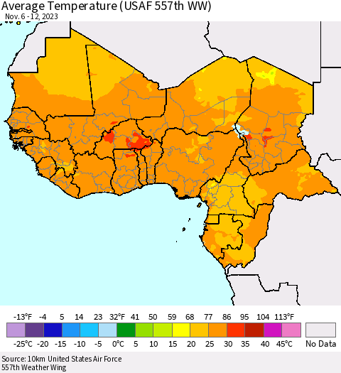 Western Africa Average Temperature (USAF 557th WW) Thematic Map For 11/6/2023 - 11/12/2023