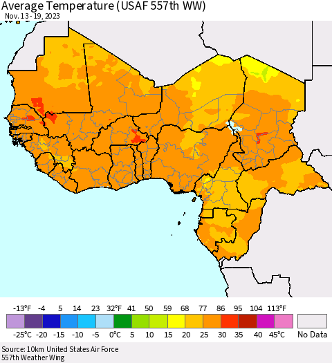Western Africa Average Temperature (USAF 557th WW) Thematic Map For 11/13/2023 - 11/19/2023