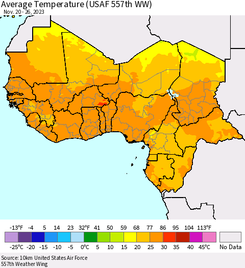 Western Africa Average Temperature (USAF 557th WW) Thematic Map For 11/20/2023 - 11/26/2023