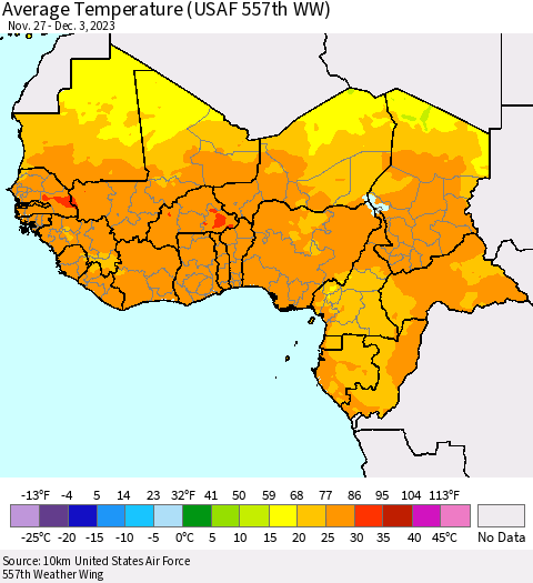 Western Africa Average Temperature (USAF 557th WW) Thematic Map For 11/27/2023 - 12/3/2023