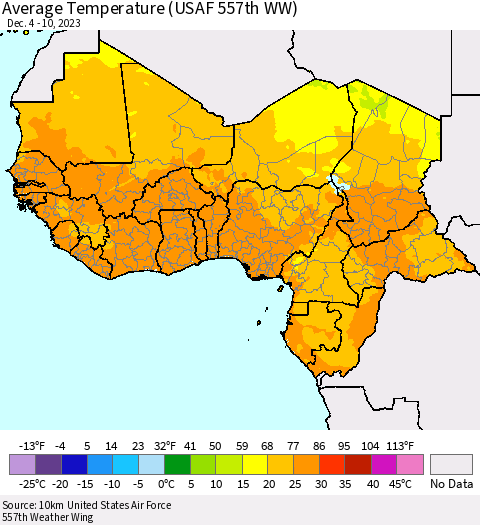 Western Africa Average Temperature (USAF 557th WW) Thematic Map For 12/4/2023 - 12/10/2023