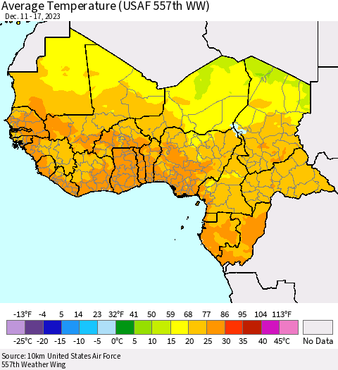 Western Africa Average Temperature (USAF 557th WW) Thematic Map For 12/11/2023 - 12/17/2023