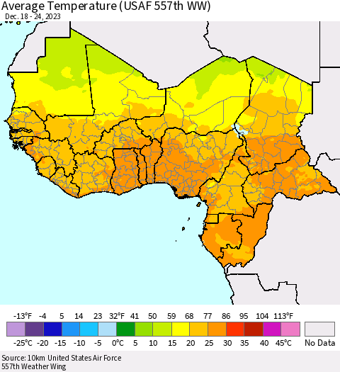 Western Africa Average Temperature (USAF 557th WW) Thematic Map For 12/18/2023 - 12/24/2023