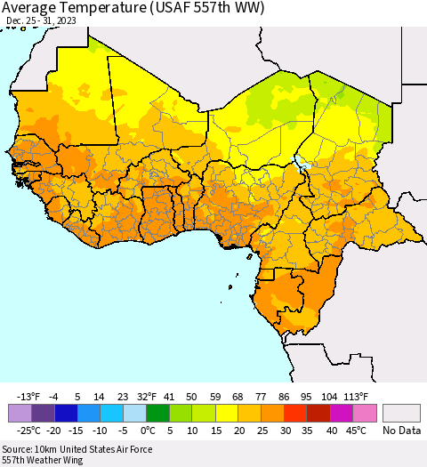 Western Africa Average Temperature (USAF 557th WW) Thematic Map For 12/25/2023 - 12/31/2023