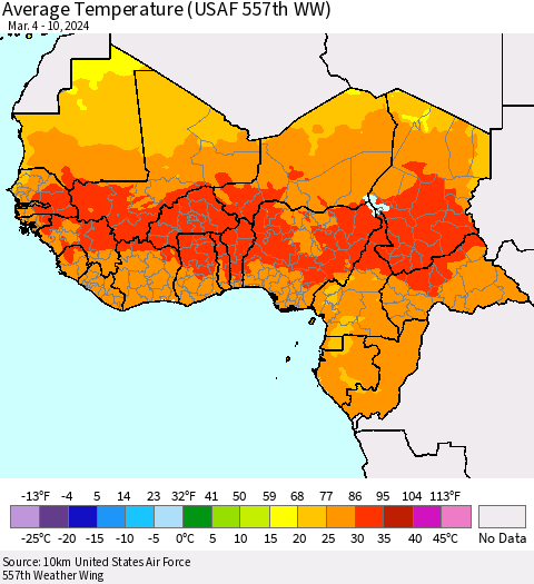 Western Africa Average Temperature (USAF 557th WW) Thematic Map For 3/4/2024 - 3/10/2024