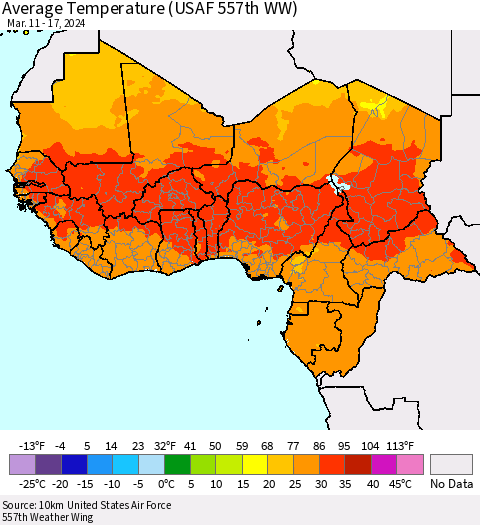 Western Africa Average Temperature (USAF 557th WW) Thematic Map For 3/11/2024 - 3/17/2024