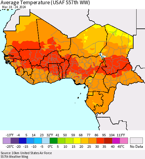 Western Africa Average Temperature (USAF 557th WW) Thematic Map For 3/18/2024 - 3/24/2024