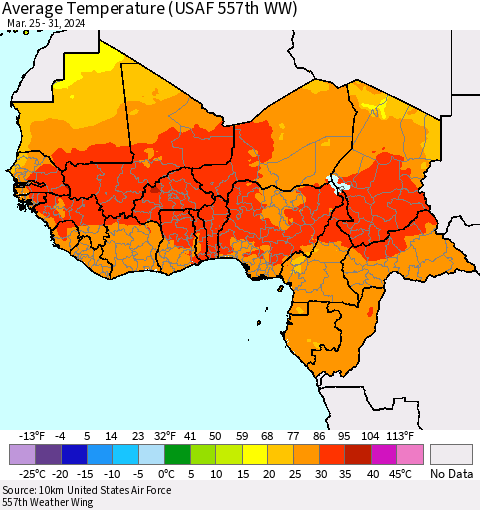 Western Africa Average Temperature (USAF 557th WW) Thematic Map For 3/25/2024 - 3/31/2024