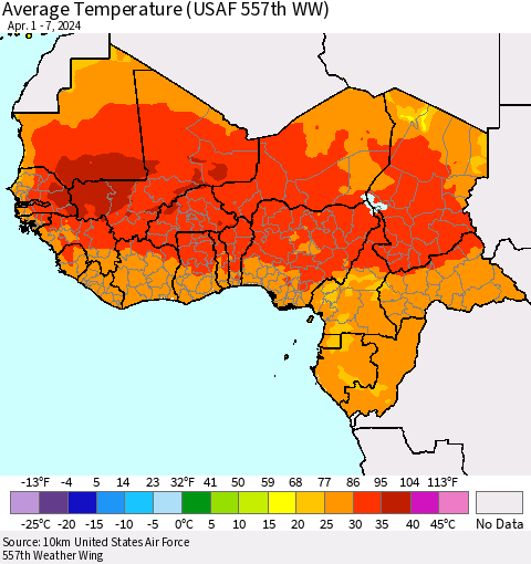 Western Africa Average Temperature (USAF 557th WW) Thematic Map For 4/1/2024 - 4/7/2024