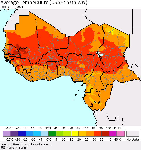 Western Africa Average Temperature (USAF 557th WW) Thematic Map For 4/8/2024 - 4/14/2024