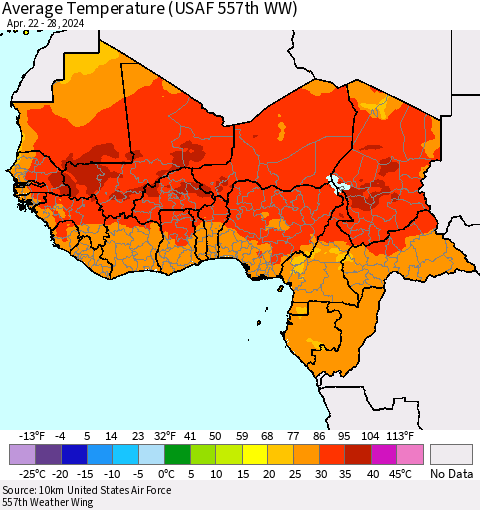Western Africa Average Temperature (USAF 557th WW) Thematic Map For 4/22/2024 - 4/28/2024