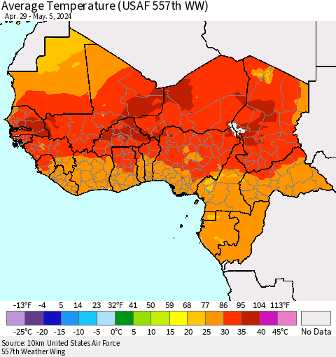Western Africa Average Temperature (USAF 557th WW) Thematic Map For 4/29/2024 - 5/5/2024