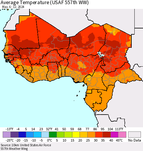 Western Africa Average Temperature (USAF 557th WW) Thematic Map For 5/6/2024 - 5/12/2024