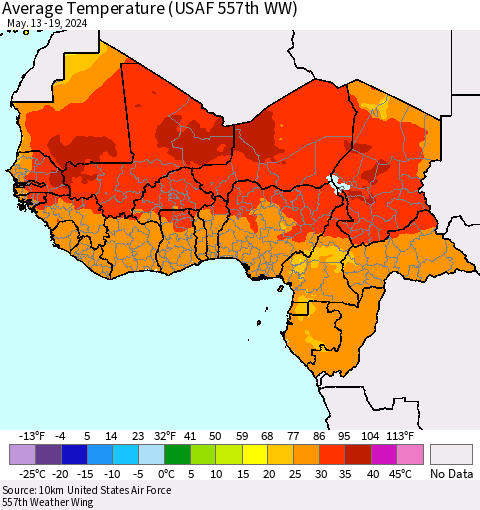 Western Africa Average Temperature (USAF 557th WW) Thematic Map For 5/13/2024 - 5/19/2024