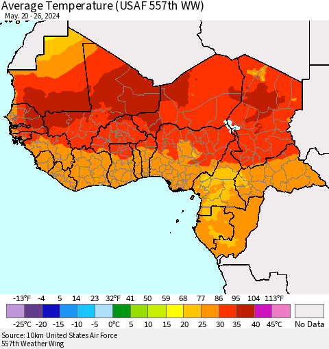 Western Africa Average Temperature (USAF 557th WW) Thematic Map For 5/20/2024 - 5/26/2024