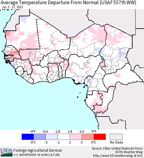 Western Africa Average Temperature Departure from Normal (USAF 557th WW) Thematic Map For 7/5/2021 - 7/11/2021