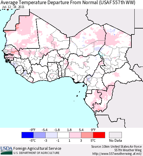 Western Africa Average Temperature Departure from Normal (USAF 557th WW) Thematic Map For 7/12/2021 - 7/18/2021