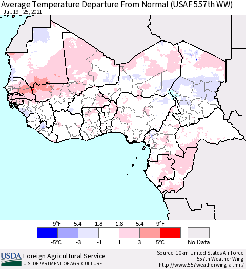 Western Africa Average Temperature Departure from Normal (USAF 557th WW) Thematic Map For 7/19/2021 - 7/25/2021