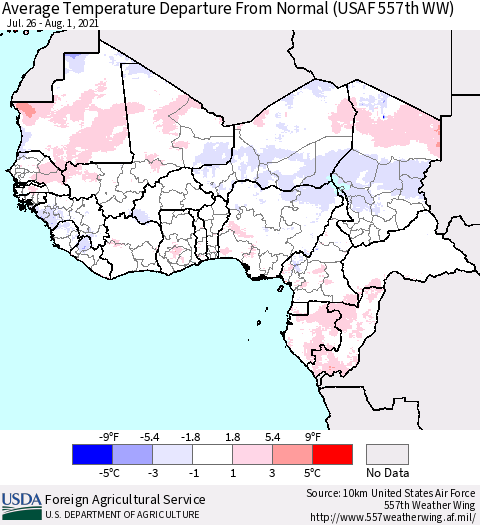 Western Africa Average Temperature Departure from Normal (USAF 557th WW) Thematic Map For 7/26/2021 - 8/1/2021