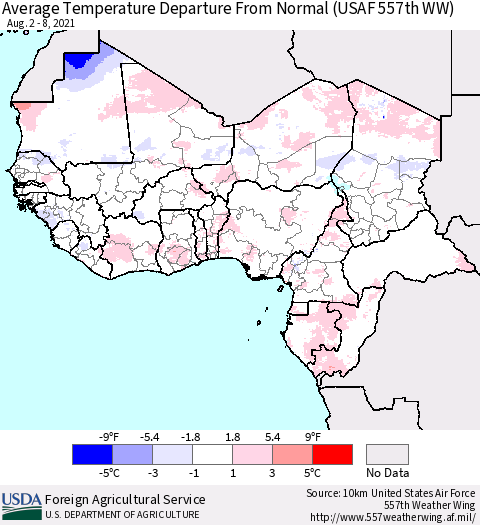 Western Africa Average Temperature Departure from Normal (USAF 557th WW) Thematic Map For 8/2/2021 - 8/8/2021