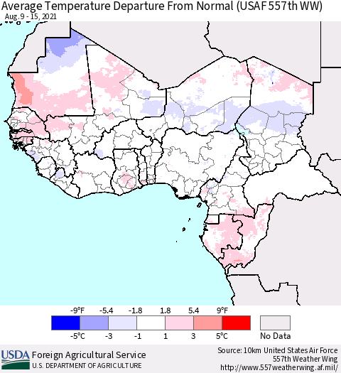 Western Africa Average Temperature Departure from Normal (USAF 557th WW) Thematic Map For 8/9/2021 - 8/15/2021