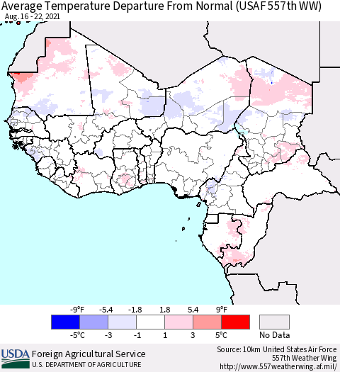 Western Africa Average Temperature Departure from Normal (USAF 557th WW) Thematic Map For 8/16/2021 - 8/22/2021