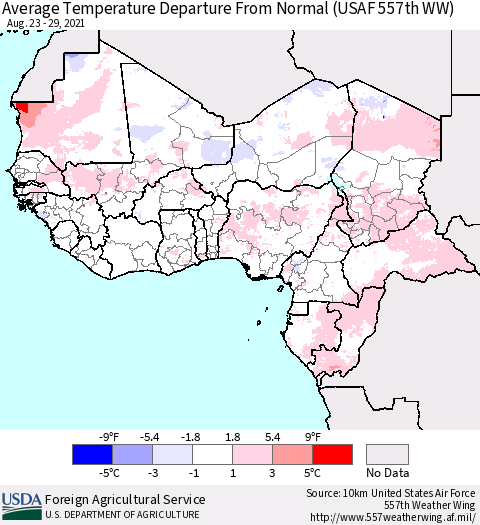 Western Africa Average Temperature Departure from Normal (USAF 557th WW) Thematic Map For 8/23/2021 - 8/29/2021