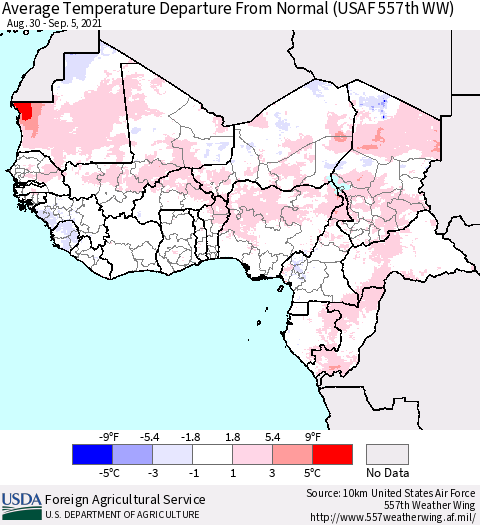 Western Africa Average Temperature Departure from Normal (USAF 557th WW) Thematic Map For 8/30/2021 - 9/5/2021