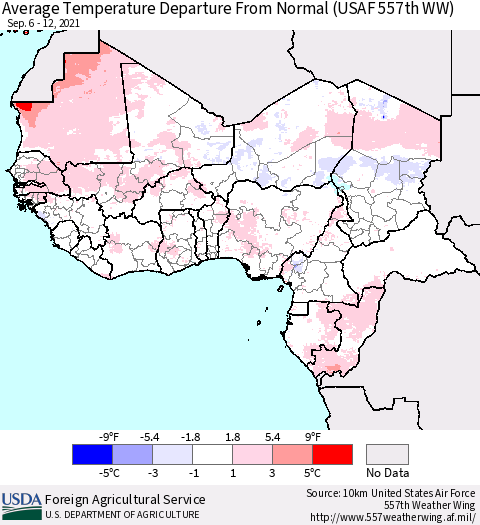 Western Africa Average Temperature Departure from Normal (USAF 557th WW) Thematic Map For 9/6/2021 - 9/12/2021