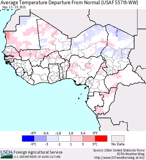 Western Africa Average Temperature Departure from Normal (USAF 557th WW) Thematic Map For 9/13/2021 - 9/19/2021