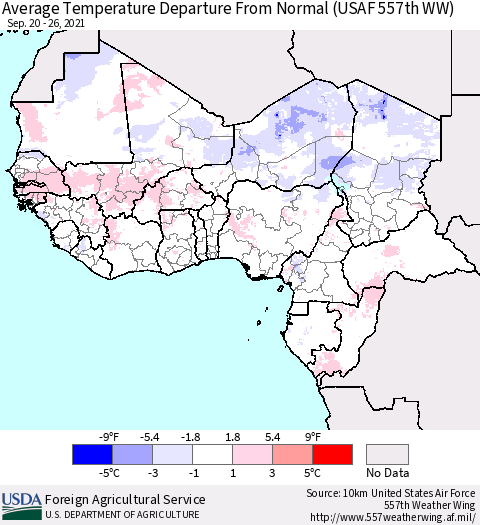Western Africa Average Temperature Departure from Normal (USAF 557th WW) Thematic Map For 9/20/2021 - 9/26/2021