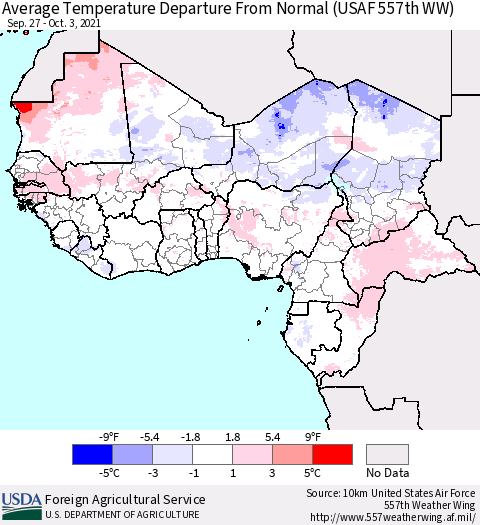 Western Africa Average Temperature Departure from Normal (USAF 557th WW) Thematic Map For 9/27/2021 - 10/3/2021