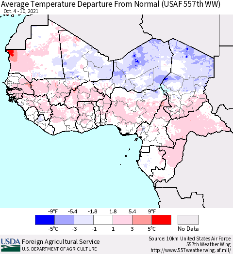 Western Africa Average Temperature Departure from Normal (USAF 557th WW) Thematic Map For 10/4/2021 - 10/10/2021