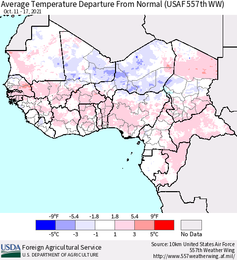 Western Africa Average Temperature Departure from Normal (USAF 557th WW) Thematic Map For 10/11/2021 - 10/17/2021