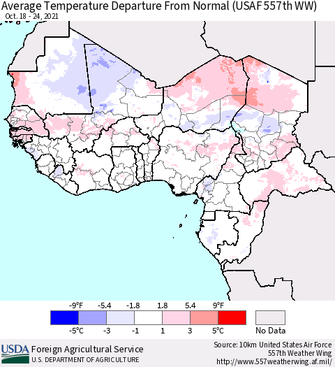 Western Africa Average Temperature Departure from Normal (USAF 557th WW) Thematic Map For 10/18/2021 - 10/24/2021