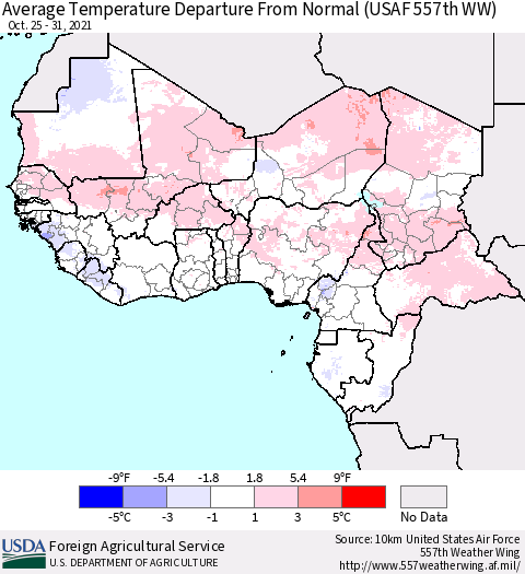 Western Africa Average Temperature Departure from Normal (USAF 557th WW) Thematic Map For 10/25/2021 - 10/31/2021