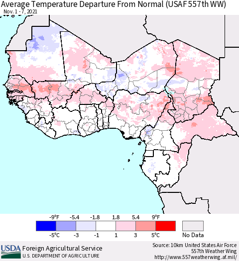 Western Africa Average Temperature Departure from Normal (USAF 557th WW) Thematic Map For 11/1/2021 - 11/7/2021