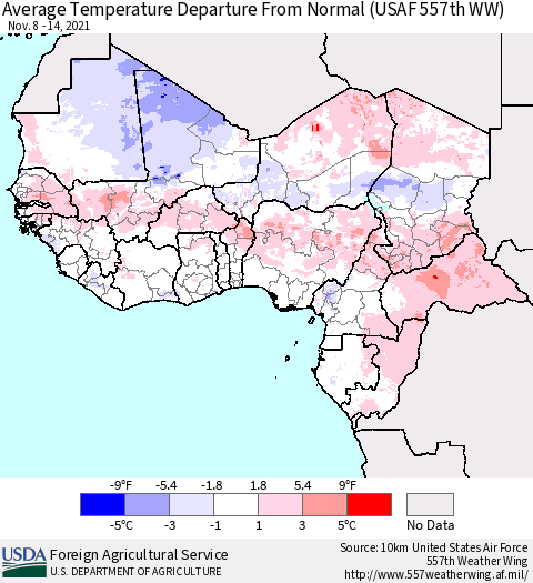 Western Africa Average Temperature Departure from Normal (USAF 557th WW) Thematic Map For 11/8/2021 - 11/14/2021