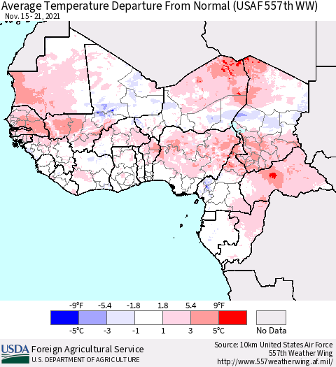 Western Africa Average Temperature Departure from Normal (USAF 557th WW) Thematic Map For 11/15/2021 - 11/21/2021