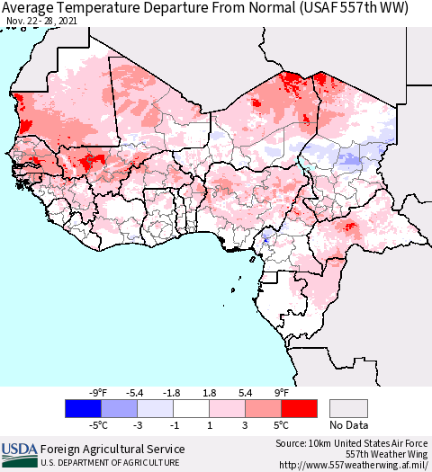 Western Africa Average Temperature Departure from Normal (USAF 557th WW) Thematic Map For 11/22/2021 - 11/28/2021