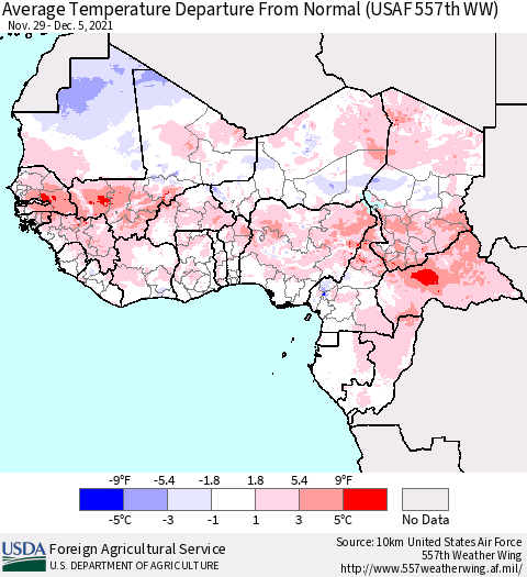 Western Africa Average Temperature Departure from Normal (USAF 557th WW) Thematic Map For 11/29/2021 - 12/5/2021
