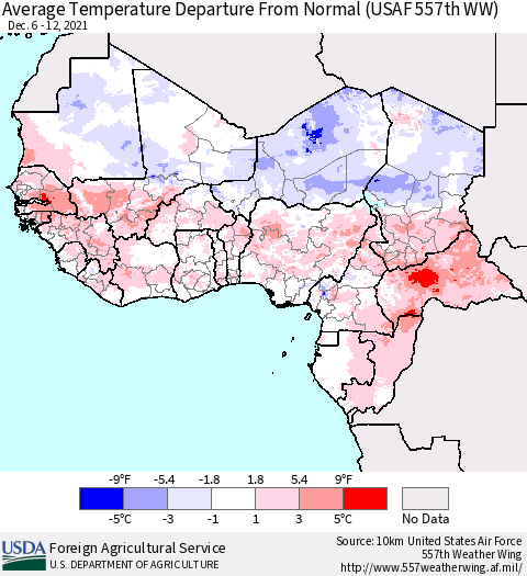 Western Africa Average Temperature Departure from Normal (USAF 557th WW) Thematic Map For 12/6/2021 - 12/12/2021