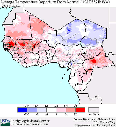 Western Africa Average Temperature Departure from Normal (USAF 557th WW) Thematic Map For 12/13/2021 - 12/19/2021