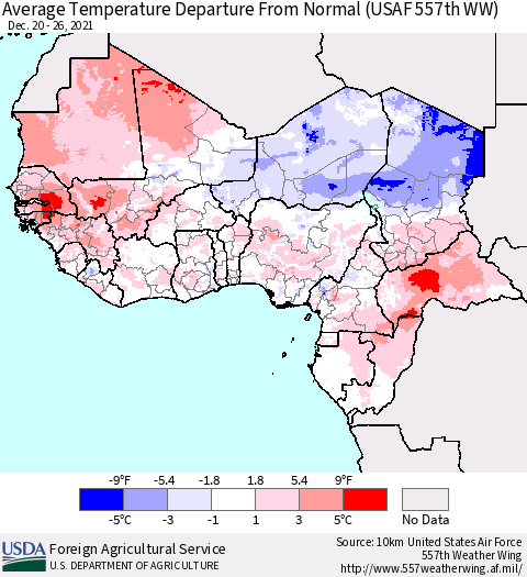 Western Africa Average Temperature Departure from Normal (USAF 557th WW) Thematic Map For 12/20/2021 - 12/26/2021