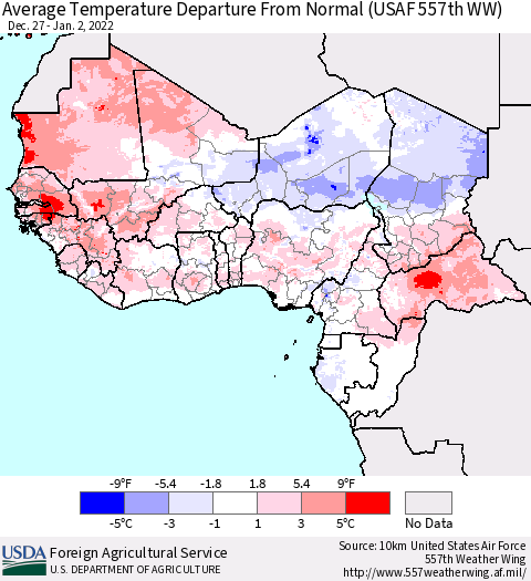 Western Africa Average Temperature Departure from Normal (USAF 557th WW) Thematic Map For 12/27/2021 - 1/2/2022