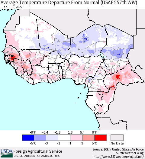 Western Africa Average Temperature Departure from Normal (USAF 557th WW) Thematic Map For 1/3/2022 - 1/9/2022